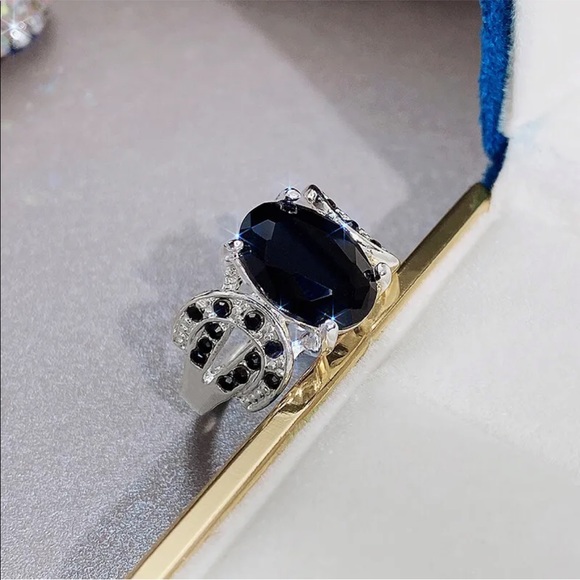 New Elegant 925 Silver Jewelry Fashion Women Black Sapphire Ring - Picture 4 of 6